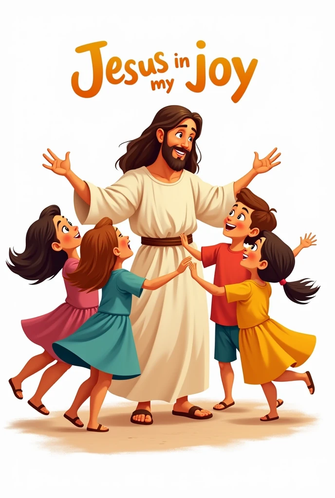 Drawing of Jesus, Disney style, happy jesus, with some children dancing happily. White background with the words JESUS IS MY JOY in Portuguese with colored letters