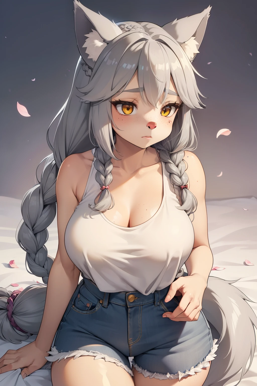 Beautiful round medium breasts, 1 girl, ((Gray hair, Beautiful long braid, braid decorated with petals)) ((wolf girl, Cute furry wolf ears)) light yellow eyes, has a beautiful sensual body with freckles, with full breasts and thin waist, HIP HOP Cute and cute tank top, high waisted jean shorts, delicate woven women's belt, has a bold appearance. Youngh, 品質, realisitic, best 品質, cute expression, pink lipstick lips, cute smile, leaning, In the beautiful beautiful romantic room
