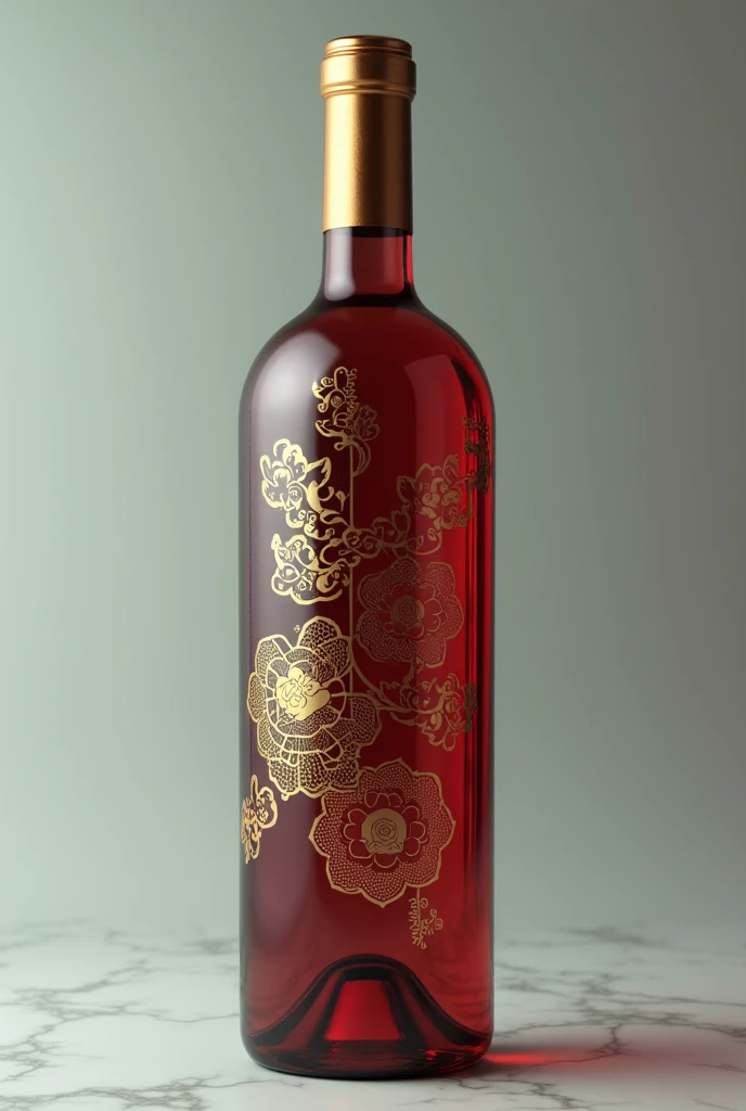 A wine bottle，Cylindrical wine bottle，Geometric Flow Art，Round bottle，Trendy bottle design，The surface is a streamlined glass design，Colored glass material，There is a golden Chinese medicine pattern，Trendy bottle design，High-end，Gao Yade，Streamlined texture，Metal bottle caps，golden bottle cap，high quality，surreal style