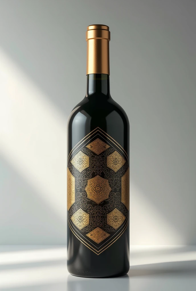 A wine bottle,Cylindrical wine bottle,Geometric Flow Art,Round bottle,Trendy bottle design,The surface is a streamlined glass design,Colored glass material,There is a golden Chinese medicine pattern,Trendy bottle design,High-end,Gao Yade,Streamlined texture,Metal bottle caps,golden bottle cap,high quality,surreal style