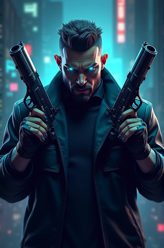 Gangster logo (Online Shooting Game theme) with blue eyes looking superpower holding guns