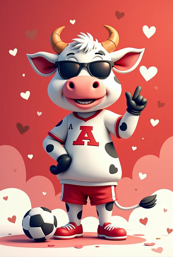 Um mascote de time cartoon. It will be a white cow with black spots in the shape of a heart., She looks funny but nice, with sunglasses and sportswear and that has a "a" on the chest and on the foot a soccer ball, all this with him by my side, pointing to a big heart. the background colors will be red and white, make mini details that contain hearts
