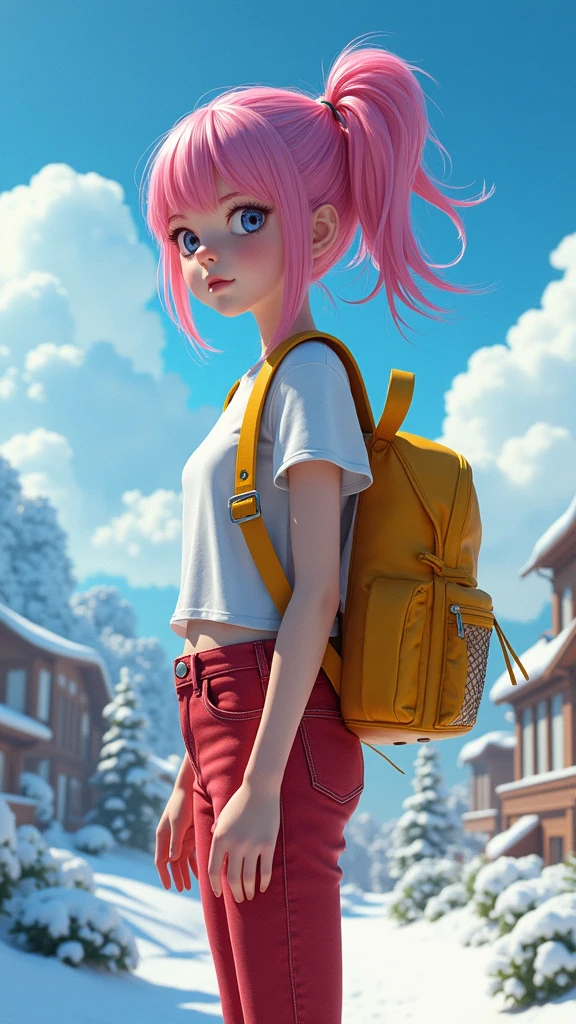 Girl with backpack on her back, In Hayao Miyazaki&#39;s beautiful anime scene: Such a nevada，Huge Miyazaki clouds float in the blue sky, Lovely snowy city with glorious sunshine, Landscape by Hayao Miyazaki，(The side view：1.5)，(top yellow:1.4), (red jeans:1.4),(pink hair+yellow:1.4),(cyberpunk:1.4),(fishnet stockings), unreal engine:1.4,UHD,The best quality:1.4, photorealistic:1.4, skin texture:1.4, masterpiece:1.8,high quality, (RAW photo, best quality), (realistic, photorealistic: 1.4), (extremely delicate and beautiful: 1.4), amazing, fine details, masterpiece, ultra detailed, high resolution, best illustration, best shadow, intricate, ( extremely intricate: 1.2), (exquisitely detailed skin), cinematic light, perfect anatomy, (cool color: 1.4), sharp focus, 8k UHD, DSLR, (Fujifilm XT3),(tiene un hermoso culo :1.4) 