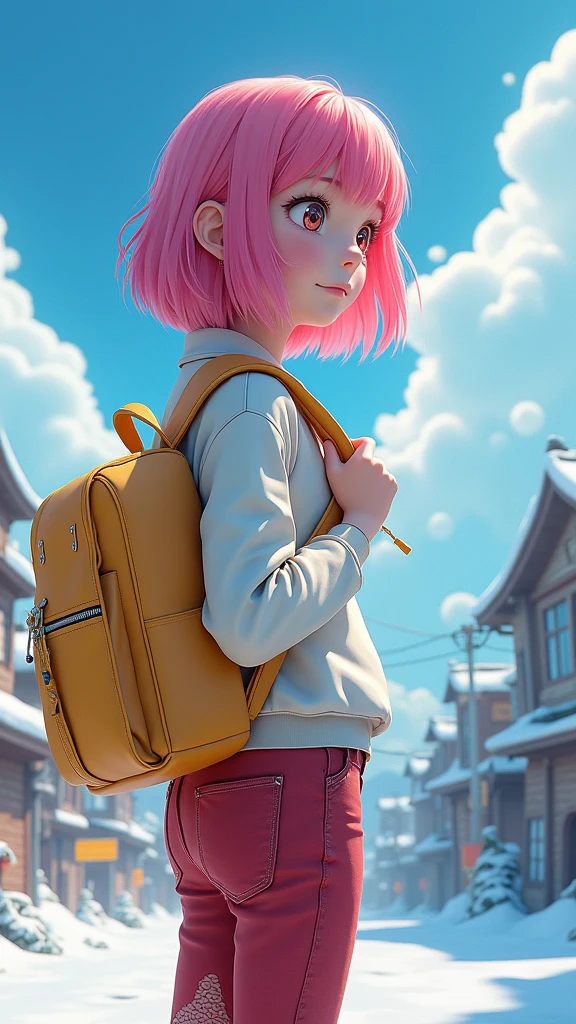 Girl with backpack on her back, In Hayao Miyazaki&#39;s beautiful anime scene: Such a nevada，Huge Miyazaki clouds float in the blue sky, Lovely snowy city with glorious sunshine, Landscape by Hayao Miyazaki，(The side view：1.5)，(top yellow:1.4), (red jeans:1.4),(pink hair+yellow:1.4),(cyberpunk:1.4),(fishnet stockings), unreal engine:1.4,UHD,The best quality:1.4, photorealistic:1.4, skin texture:1.4, masterpiece:1.8,high quality, (RAW photo, best quality), (realistic, photorealistic: 1.4), (extremely delicate and beautiful: 1.4), amazing, fine details, masterpiece, ultra detailed, high resolution, best illustration, best shadow, intricate, ( extremely intricate: 1.2), (exquisitely detailed skin), cinematic light, perfect anatomy, (cool color: 1.4), sharp focus, 8k UHD, DSLR, (Fujifilm XT3),(tiene un hermoso culo :1.4) 