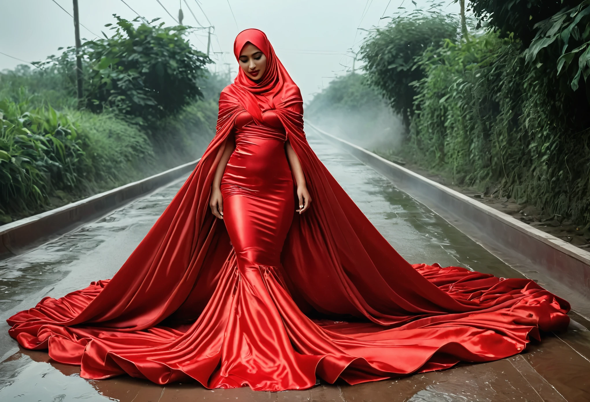 A woman shrouded in a 9-meter-long, plush red satin cloth, tightly bound and grandly draping along the form of her body, flowing off into a pooled floor-length train, styled in a mermaid-inspired outfit, her head modestly veiled in a satin hijab, 175 height woman, walk in wet vilage road, a full-body pose conveying a sense of elegance, captured in a 4k resolution, ultra-realistic