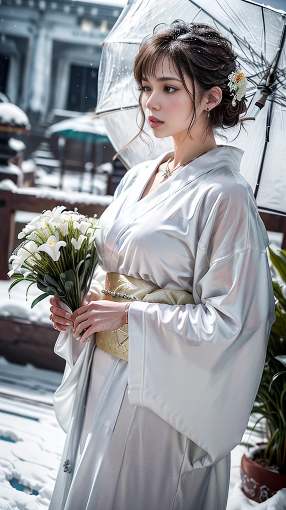 (RAW shooting, Photoreal:1.5, 8K, highest quality, masterpiece, ultra high resolution), ((((heavy snow, Blizzard)))), Highly detailed skin and facial textures:1.3, perfect dynamic composition:1.2, (In front of a shrine at night in a modern city, expression of sadness:1.0, Tears are flowing:1.0, cry with a broken heart:1.0), Slim office lady wet in the rain:1.3, cowboy shot, Fair skin:1.2, sexy beauty:1.1, perfect style:1.2, beautiful and aesthetic:1.1, very beautiful face:1.2, water droplets on the skin, (rain drips all over my body:1.2, wet body:1.2, wet hair:1.3), (Professional kimono dressing:1.1, Holding a bouquet of wet lilies:1.2, How to wear a wet pure white kimono properly:1.3), (Medium chest, Bra see-through, Chest gap),  (Eyes that feel beautiful eros:0.8, Too erotic:0.8, Bewitching:0.8), necklace, earrings, bracelet, wedding ring, Highly detailed hand and finger expressions