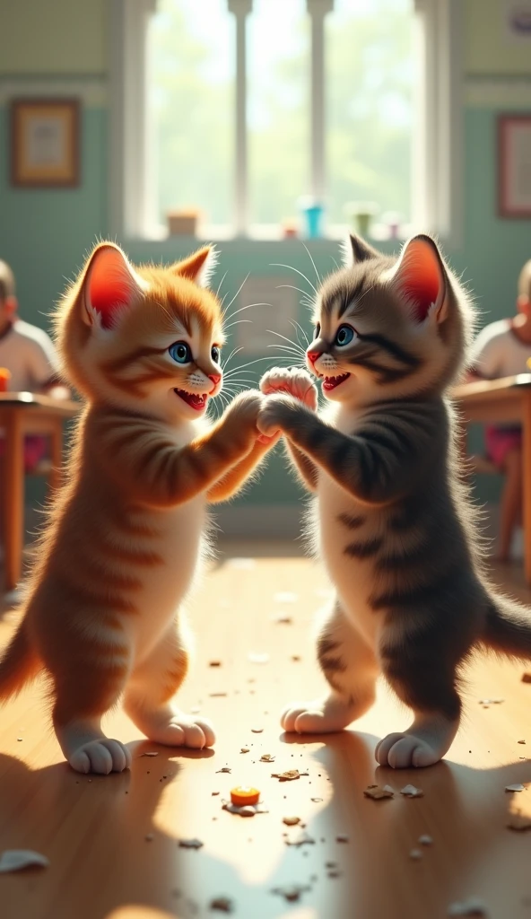 school lunch,kitten　Two of them standing upright,fight,boxing　3d