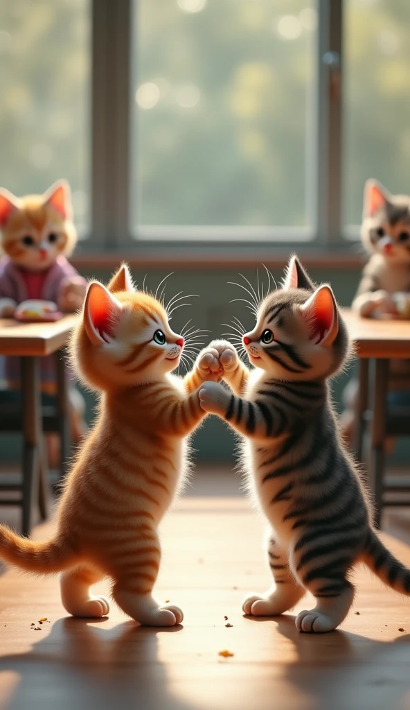 school lunch,kitten Two of them standing upright,fight,boxing 3d