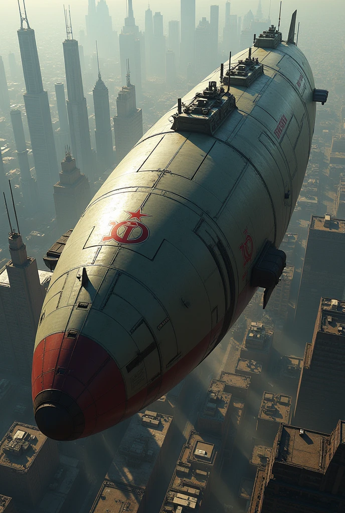 Kirov from command and conquer red alert 2. Show it in high detail flying over an industrial part of a large city. Use vehicle's approximate appearance from the westwood studios game Command & Conquer Red Alert 2. Complete with weapons array.