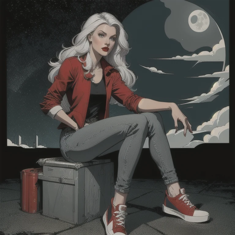 (Sci-fi fantasy), (Masterpiece), (professional oil painting) (best quality), (8k resolution), (1 beautiful girl), ((pale gray skin)), (iron gray skin), ((jeans clothes)),(red jacket)), ((black t-shirt underneath), ((red lipstick)), ((black sneakers)), (comcept art), small chest, (long hair), (messy hair), (white hair), (iron gray hair), ((with futuristic weapon)), (ammunition), ((moonlight of the night)), (sitting thinking))