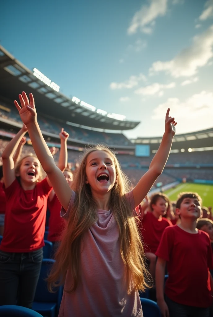 Children in an American football stadium, cheering in the stands, Looking towards the camera.