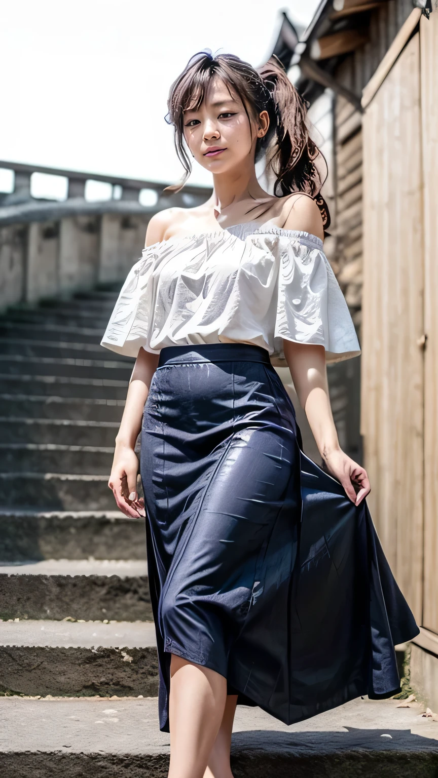 (Woman walking down the stairs:1.2、Squint your eyes and laugh)、((Wearing off-the-shoulder:1.4、Wearing a long skirt:1.5))、(View from the front、View from directly below)、(Realistic、Like a photograph、Live Action、8k, Realistic, RAW Photos, Best image quality: 1.4), Single-lens reflex camera、RAW Photos, Highest quality, Realistic, Highly detailed CG Unity 8k wallpaper, Written boundary depth, Cinematic Light, Lens flare, Ray Tracing, Realistic background、((ultra high density skin))、(whole body:1.5)、Long Hair 1.2、ponytail、Hair blowing in the wind:1.4)、I like that style、stylish、Very detailed、Pay attention to the details、Perfect outfit、(Sunburned skin)、Accurate hands、Accurate legs、Detailed hands and fingers、Anatomically correct body、Thin legs、Thin thighs、Small breasts、Very detailedな顔