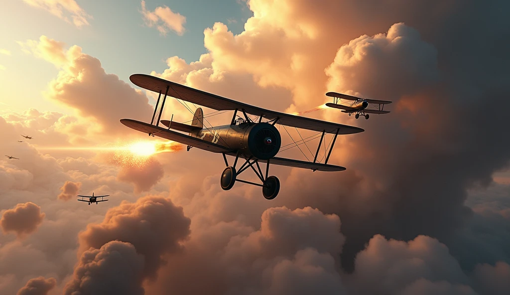 (masterpiece, best quality, 8k, ultra-detailed, hyper realistic, photorealistic) dramatic destroyed sky, intense aerial battle, world war 1 fighter planes, Morane-Saulnier and Albatros C.X aircraft, explosive combat, billowing smoke, intense lighting, vibrant colors, dramatic clouds, cinematic composition