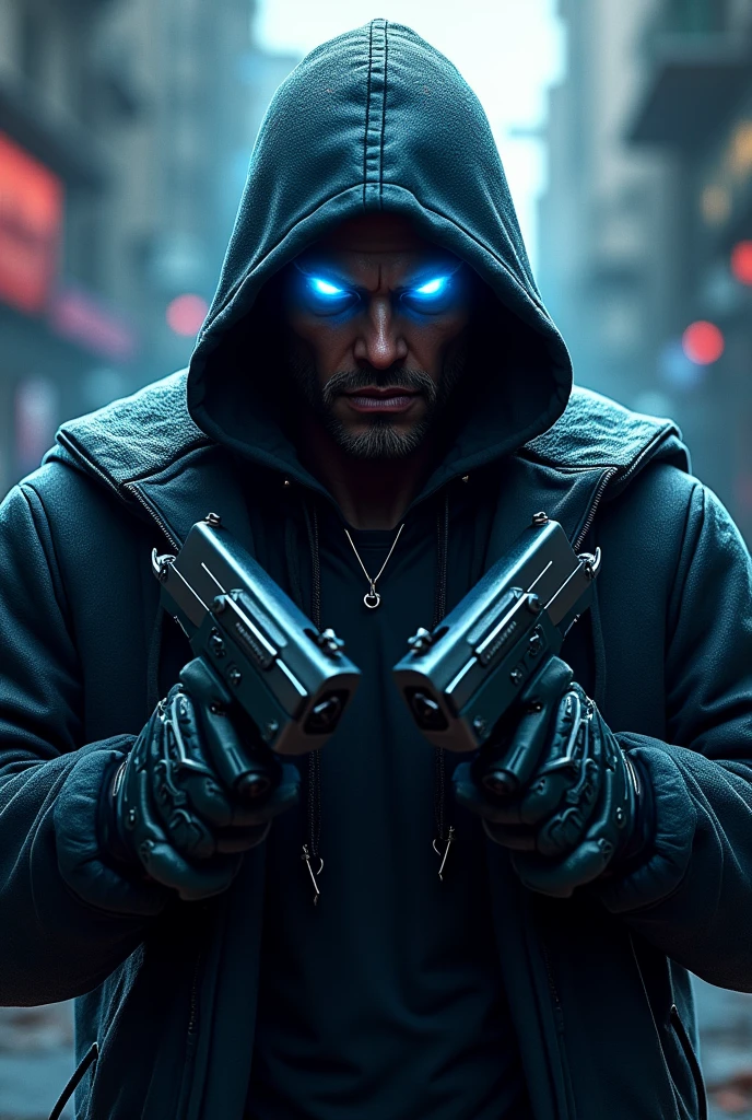 Gangster logo (Online Shooting Game theme) with blue eyes looking superpower holding guns