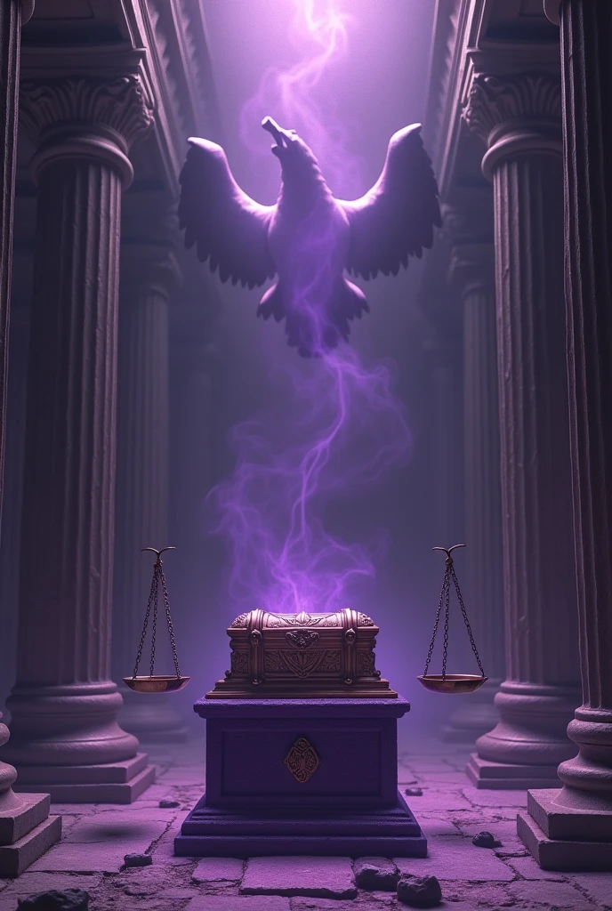 Pandora's box prostrated on a violet pillar, On each side there is a scale, In the background you can see shadows of mythological beasts, The setting is an ancient Greek style temple.