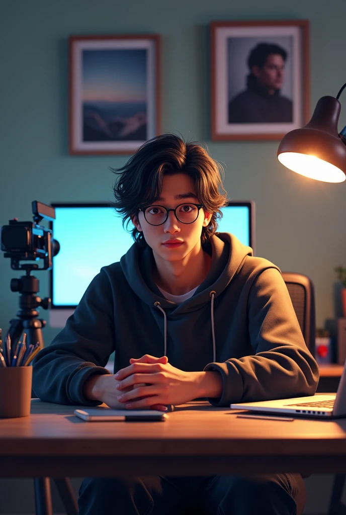 A young man with long, front pose
wavy hair and glasses sits at a desk, wearing a dark hoodie. He rests his hands on the table, which features a laptop, a smartphone, and a pen holder with pens. In the background, a camera on a tripod is pointed at him, accompanied by a circular light. Framed photographs are visible on the wall behind, adding to the creative ambiance of the scene.