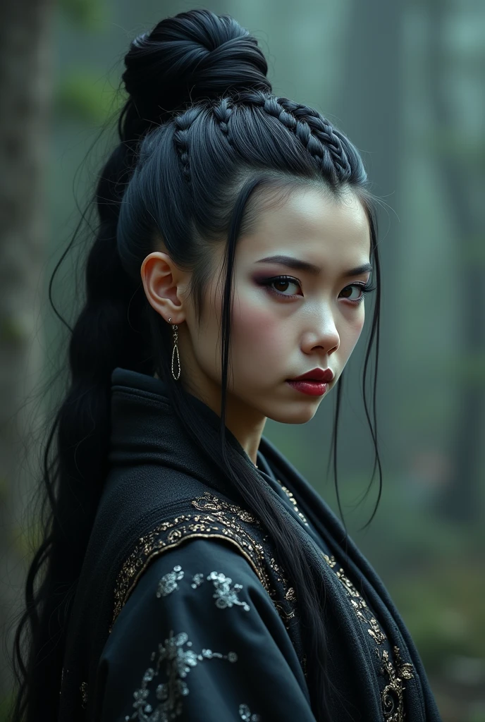 Japanese warrior princess gone goth. The black braids arranged neatly on top of her head.