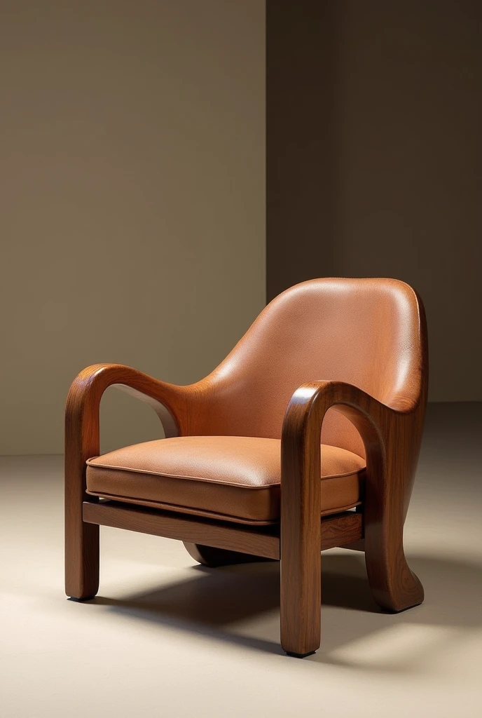 Create an image of a luxury wooden armchair inspired by the designs of Sérgio Rodrigues. The armchair must have a sophisticated and elegant style, with organic shapes and soft lines characteristic of Rodrigues&#39; work. The backrest and seat must be comfortable and ergonomically designed., with a robust and refined structure. Use high quality wood finishes, like rosewood or walnut, and include details like premium fabric or leather upholstery. The image must convey exclusivity and opulence, suitable for luxury stores.