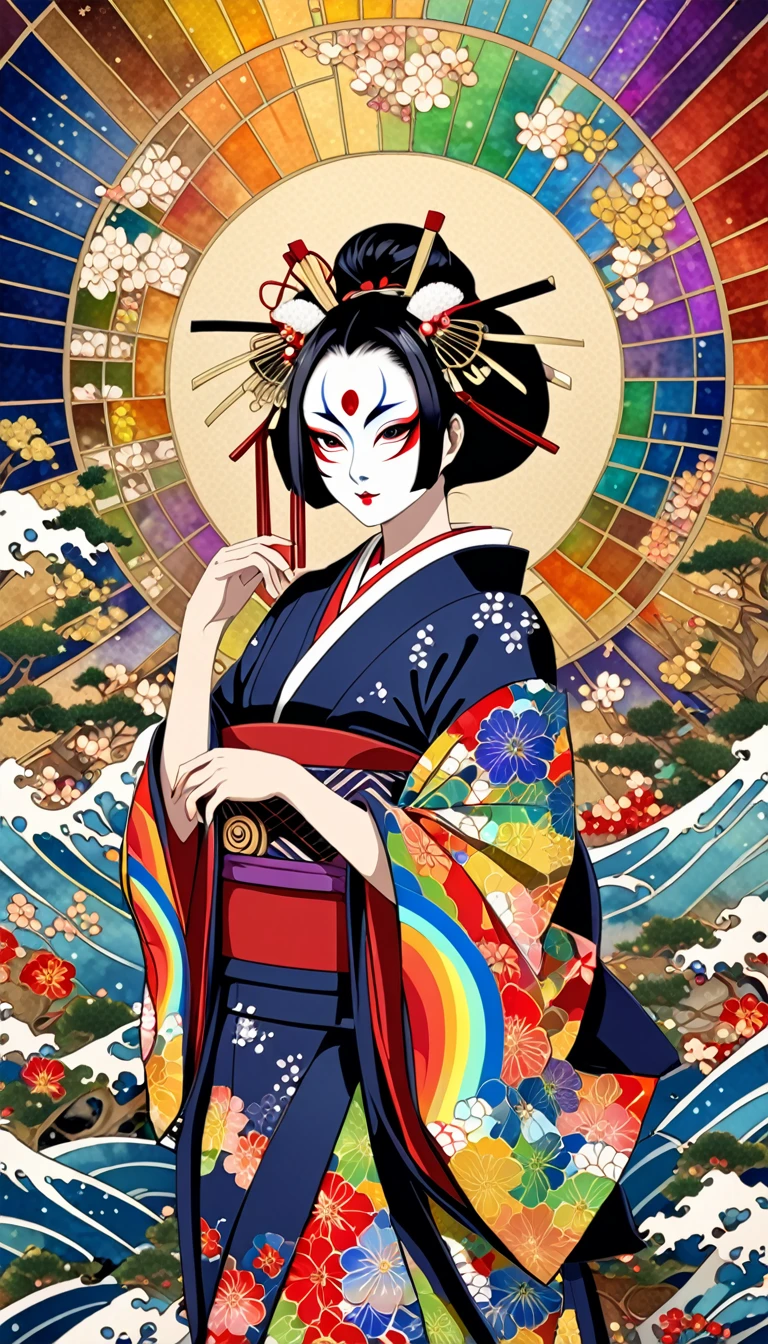 kabuki, kabuki make-up, Ukiyo-e, Japanese painting, woodblock print, attractive and seductive expression, wearing opened rainbow colorful Japanese kimono, background painted with a fusion of oil and watercolor iridescent stained glass, conceptual installation art, (ultra detailed, absolutely resolution, best quality:1.3), 2.5D, delicate and dynamic effects, glitter gold dust effects, artistic, hyper, graphic CG digital art