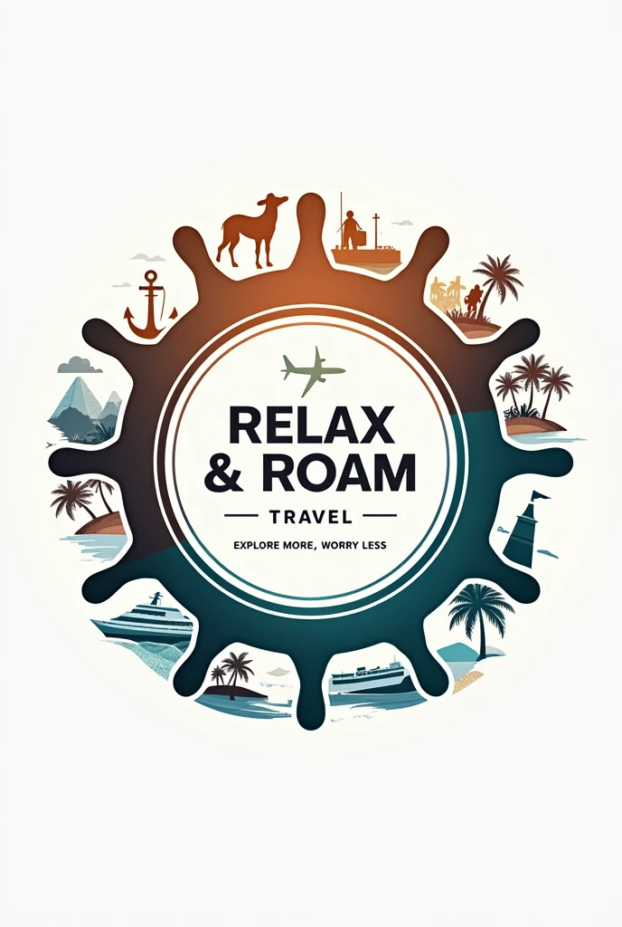 make me a witty, clean, elegant logo of RELAX & ROAM TRAVEL with a vibe of relaxing vacations, anchor, cruise ship, travelers, guests, tour guides, island, travel bags, airplane, bus, sea water and the name of the company which is RELAX & ROAM TRAVEL and it's SLOGAN "explore more, worry less" inside of a one steering wheel, like LOGO, should be detailed and understandable, this all should be inside of steering wheel and there's a design outside of steering wheel  the elements should be big and detailed 