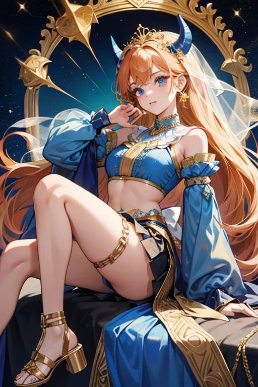 Nilou's ginger hair is tied loosely at the back into low twin tails. She sports a long white veil with blue embroidery stylized with gold and black horns, golden tassels, and a large gold head accessory somewhat resembling a crown.

Nilou's attire consists of a white and blue cropped top with baggy, detached sleeves and gold details going from her cuffs to her upper arms paired with a patterned dark blue skirt held together with a large blue bow adorned with a blue ornament. Nilou's skirt is decorated with numerous trinkets, tassels, blue gems, and fabrics with varying intricate designs. On her legs, she wears a gold trinket on her left thigh, and gold strapped knee-high gladiator sandals with medium heels. Her Hydro Vision is pinned to a large blue bow on the back of her skirt. SPARKLE; GLITTER