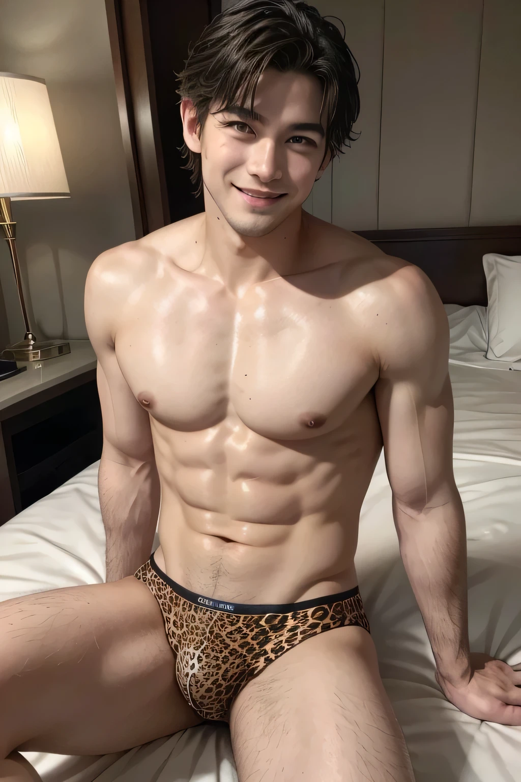 Handsome man wearing leopard print briefs、Luxury hotel bed、Sunburned Skin、A kind smile、whole body、Long legs、