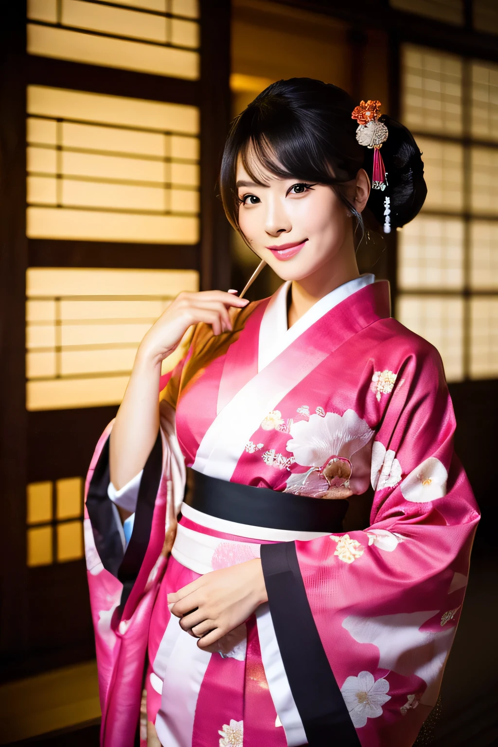 A glamorous Japanese woman in a kimono