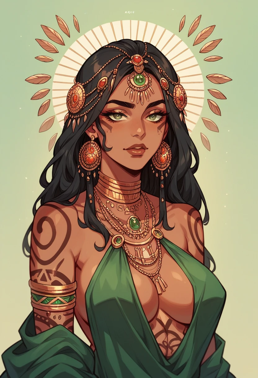 very beautiful woman with features of a beautiful Brazilian indigenous woman, wearing a dark green dress and jewelry that reminds us of snakes, her skin is covered in tribal tattoos that allude to snakes.