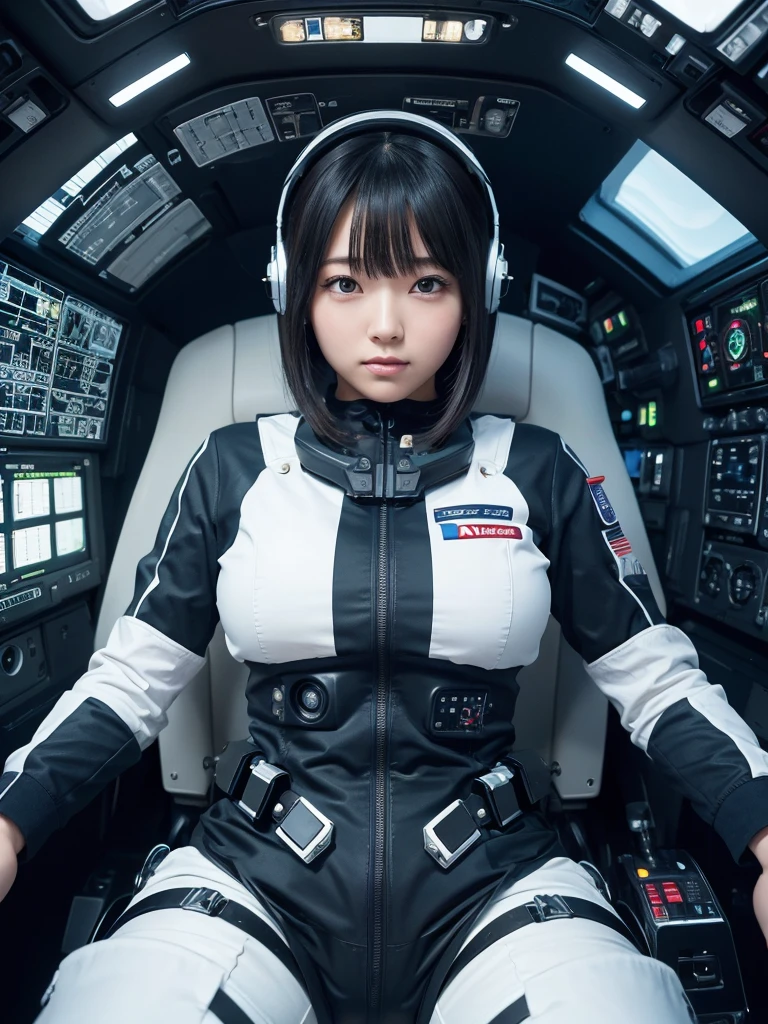 masterpiece, Highest quality, Very detailed, Japanese Android girl, Beautiful 2 Japanese woman, Plump,Control panel,Android,cyborg,Blunt bangs,Sitting in the cockpit of a spaceship and piloting it,There&#39;s a joystick between her legs,astronaut,Thick harness belt,Full-face helmet,