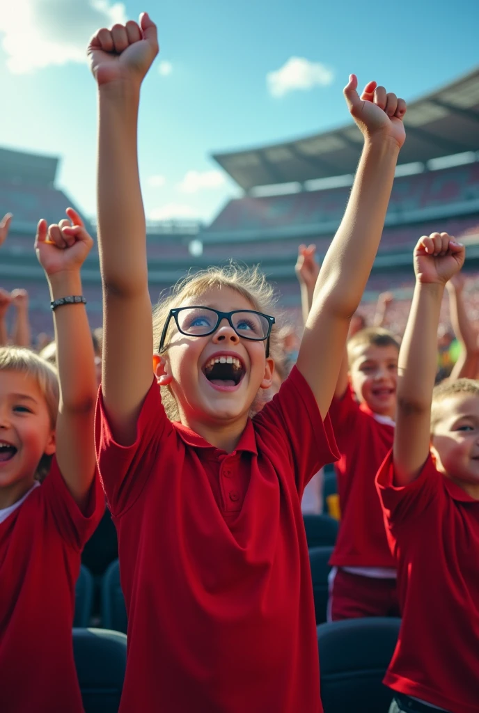 Children in an American football stadium, cheering in the stands, Looking towards the camera.
