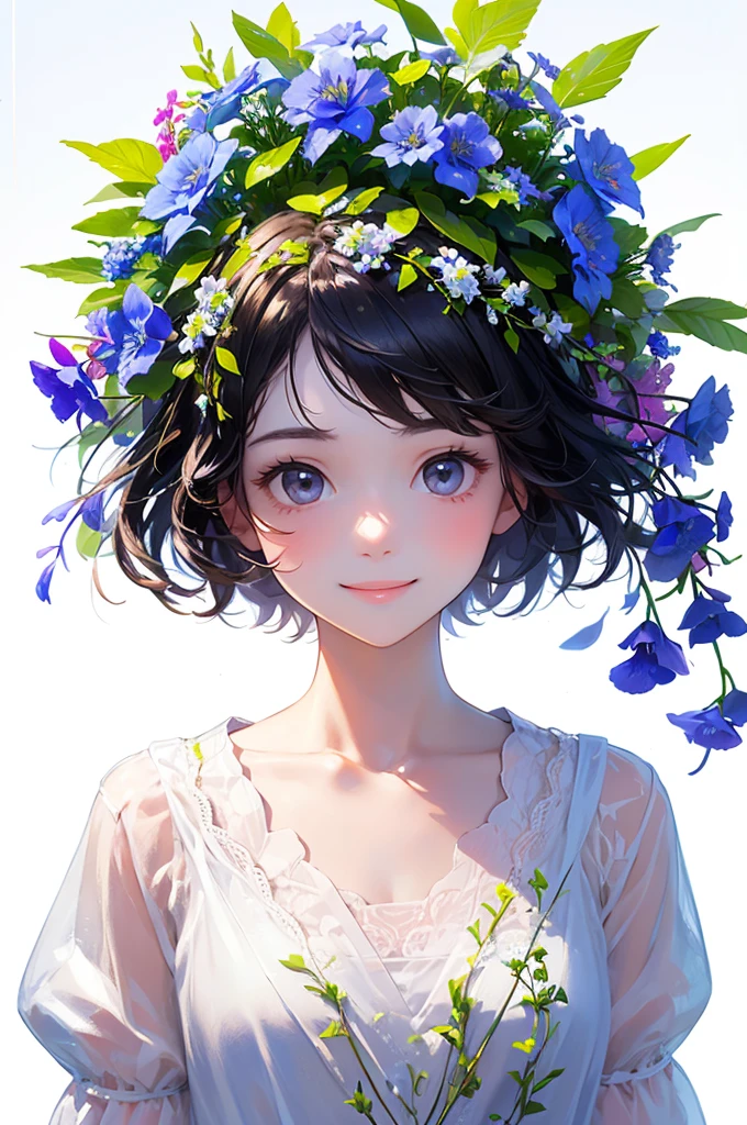 (masterpiece、highest quality、highest quality、Beautiful and beautiful:1.2)、(Good anatomy:1.5)、Drawing of a girl with straight short hair、White blouse、Shy smile、looking at the camera、put flowers and leaves on your head、Delphinium
