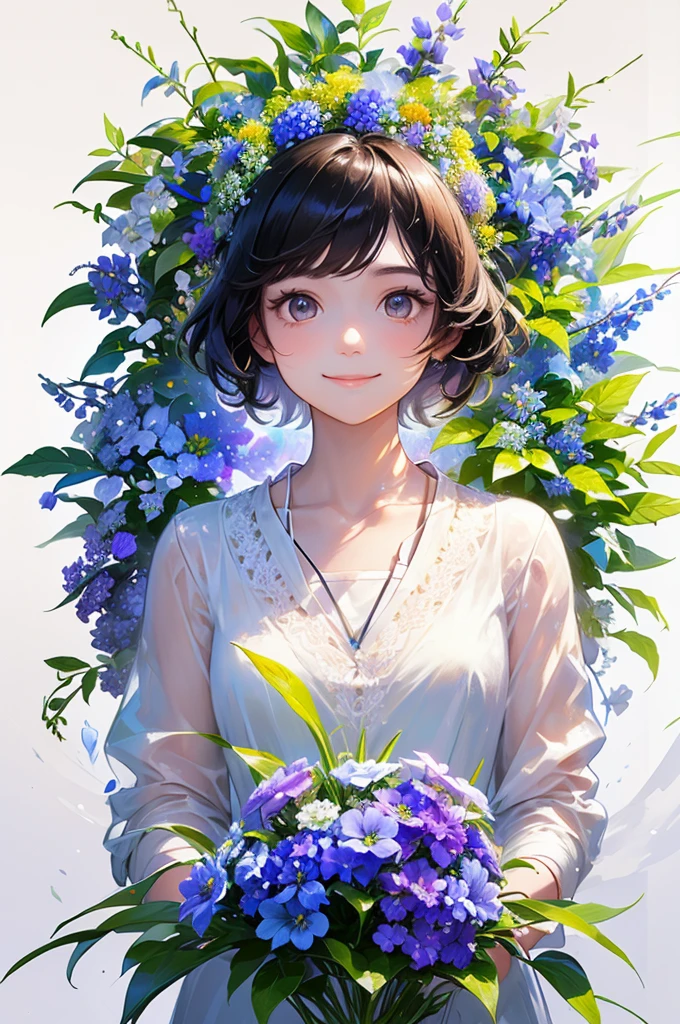 (masterpiece、highest quality、highest quality、Beautiful and beautiful:1.2)、(Good anatomy:1.5)、Drawing of a girl with straight short hair、White blouse、Shy smile、looking at the camera、put flowers and leaves on your head、Delphinium