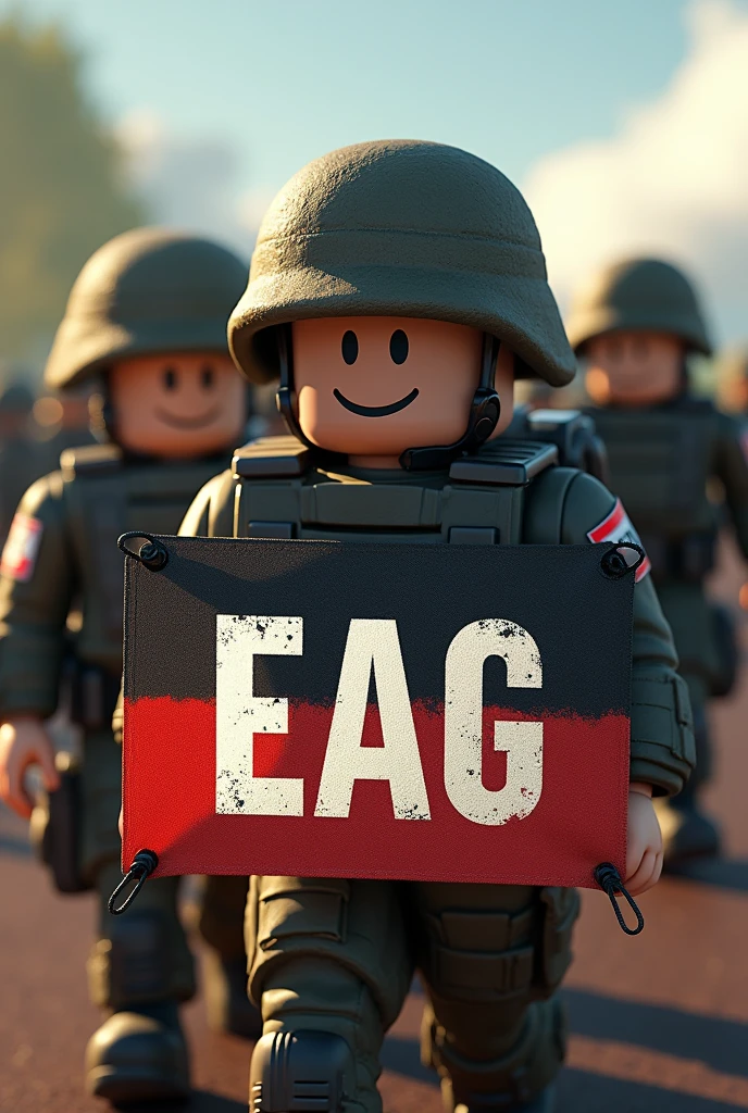 (photorealism:1.2), Draw a cover of a military organization whose initials are EAG and in the background there are some troops from the organization.,  that the soldiers have the Roblox style that looks like a game cover and that the initials EAG appear in the form of a banner and that the banner is below the photo