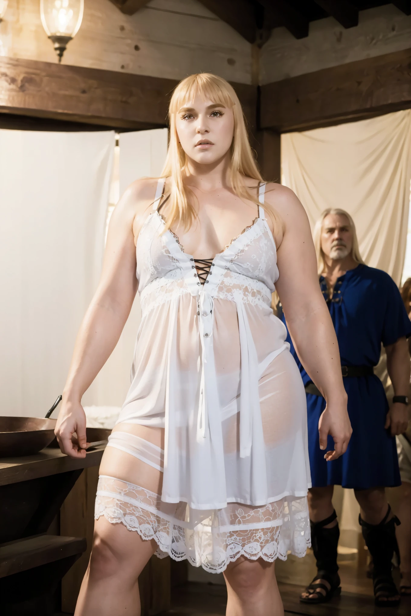 Subject focus: 1femboy accompanied by 1 topless old man with robust build, 2people beautyxugly, (Facial face close-up portrait), (arms behind head), the old men hugging molesting me, smile so sweet, Full body shot of 1femboy with girl-like delicate curves, young 12 yo boy with girl's face, he is guarded by 1 viking old man soldier with robust build, accompanied by 1 robust old man, (the old robust guard's big hand on my shoulder), very very very very beautiful boy with girl's face aphrodisiac, [story: I'm the young king of the viking, this scene takes place inside my royal chamber alongside my robust old man only-men guards], blushing, (long straight silken golden hair with bangs:1.2), (curvy femboy), (curvy thicc boy with girl's very beautiful face), (tiny flat chested - femboy flat chest:1.65), thick arms, (golden eyelashes), wearing flowery laurel, (I'm wearing a scandalous luscious lacey lingerie nightgown with bulge:1.5), my old men henchmen soldiers looking in awe, Surrounded by robust viking old men, (settings are 10th century around 1000 AD), indoor - the king of viking's private chamber, (front view), (I'm wearing highheels), ((armpit seen)), he has fairest white complexion, long and luscious golden blonde hair, golden eyes, a beautiful and motherly face, he had wide hips & thicc thighs are entirely bare for all to see, emphasizing her feminine allure, curvy model body, full lips, plump, fleshy juicy hips, glossy sweaty skin, 🤬❤❤️‍🔥💦🍑, juicy lips, plump red lips, absurdres, high res, ultrasharp, 8K, professional photograph, award-winning portrait, masterpiece, (high detail full-body view), symmetrical, Nikon D850, 85mm lens, f/1.8, depth of field,