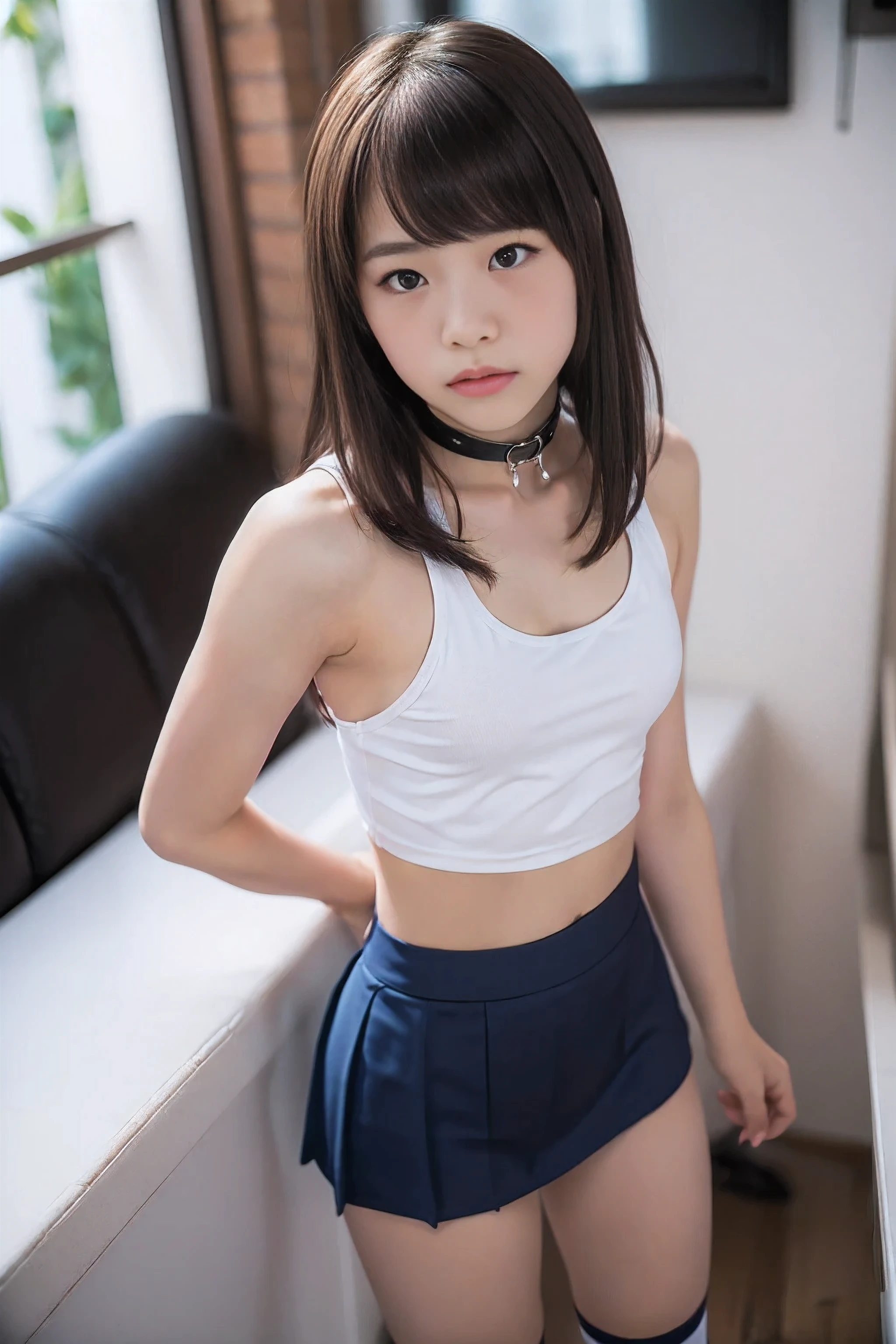 (8K, High Definition, High Quality, Shunsaku:1.5), (Real Steel: 1.5), (Realistic rendering), (Living room), (1 girl), (Head to knee shot), (((Standing in front of you, hands behind dark hair, childish face, sad face, collar around neck, pale naked, small breasts, tank top bikini, skirt, tail, high socks))), (((dark hair, childish face, sad face, collar around neck, small breasts, tank top bikini, skirt, tail, high socks)))