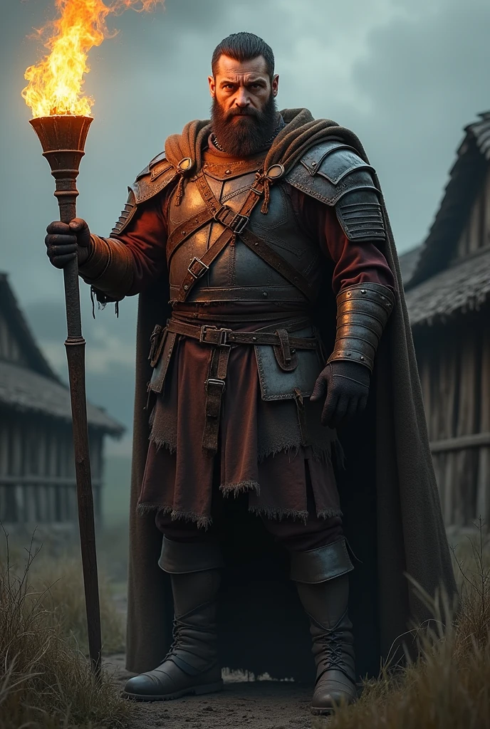 The tall and muscular man of medieval times in a village, with a threatening presence. He wears a leather armor and has a scar that crosses his right eye.

Holding a flaming torch