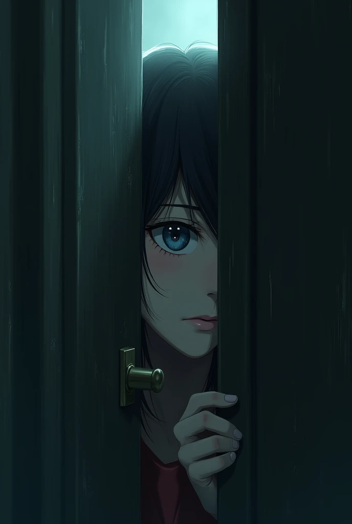 (best quality, masterpiece, ultra detailed, ultra high res, photorealistic, raw photo, absurdres, absolutely resolution), anime、woman is the main character、mysterious、Suspenseful Tone、Dark tones and shadows、A little creepy atmosphere、Surrealism、Dark fantasy、
 I knock on the door、No one responds。The protagonist peers through the gap in the door.。