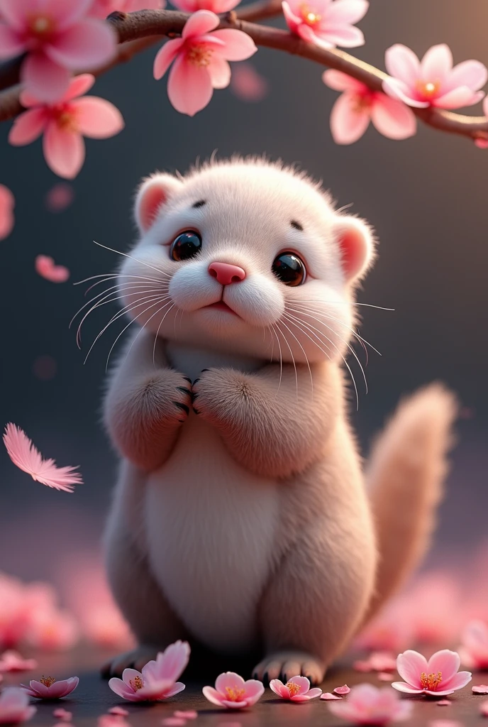 A captivating and surreal photographgraph of a cute extra fluffy two baby カワウソrendering of ソメイヨシノ, Dark Background. feather, Bright colors,  The background provides sharp contrast、Engage your audience&#39;Note., photograph, 3D Rendering, Conceptual Art
