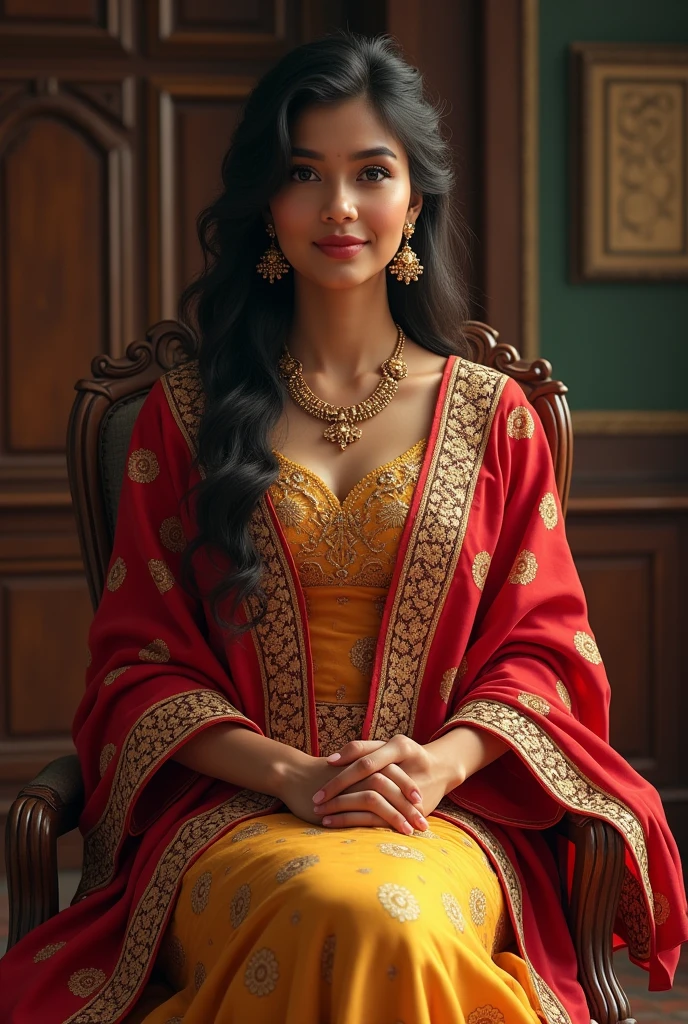 6 ft big breasted beautiful sri lanakan wealthy 25 yeas old girl in maharani dress. Wearing Academic regalia.well educated.sit in chair
