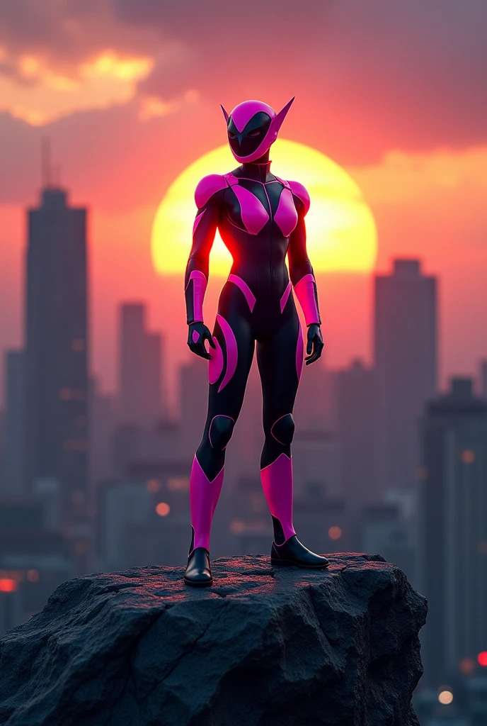 a pink and black superhero, similar to the blue beetle, looking at the sunset with a darker city in the background and on top of a rock