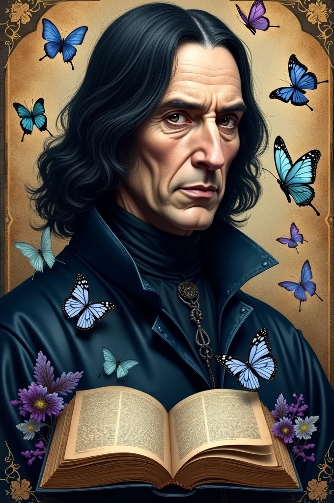 Give me a design for my wall where I have a book, Butterflies and Severus Snape (by harry potter)