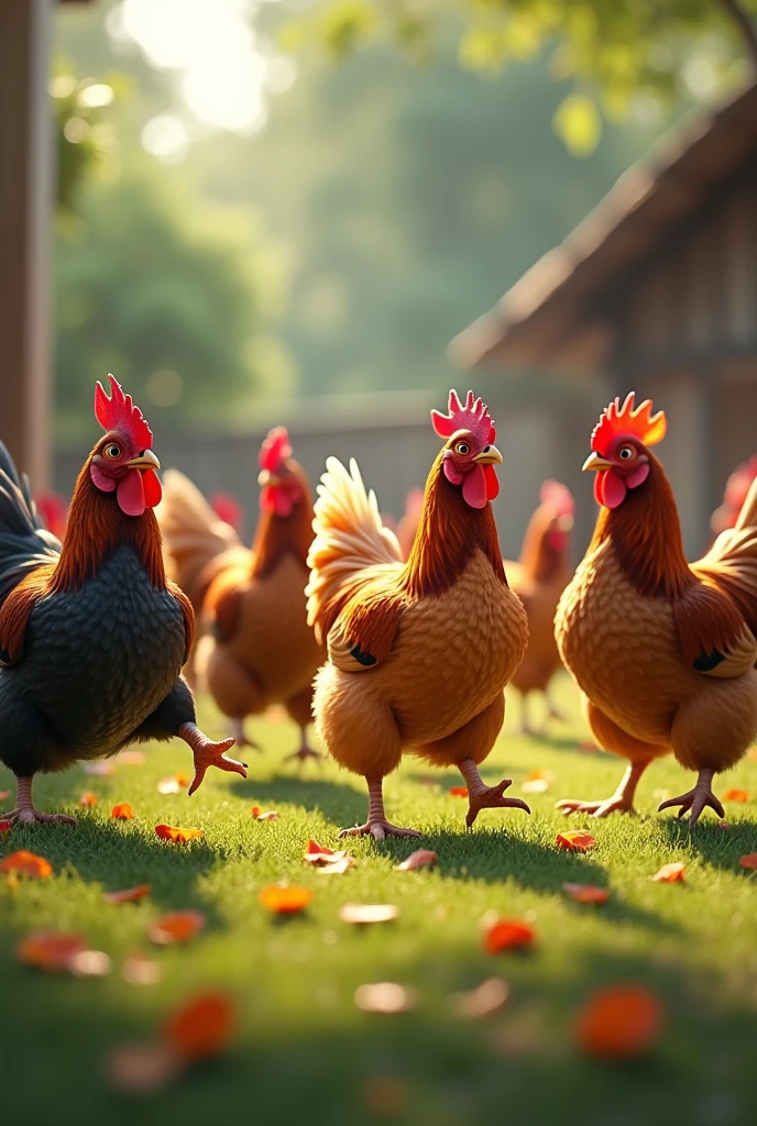 Chickens dancing and eating