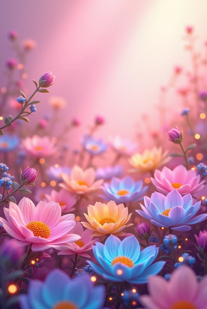 Pink background with cool colorful flowers and light effects on them, and colored nuggets