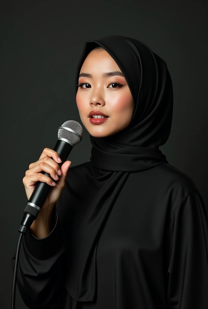 A Chinese Indonesian model wearing a hijab in a studio is singing. The girl is so beautiful with very balanced noise and plump lips. She got a very sharp looking eyes ready to make you feel oblige to her command
