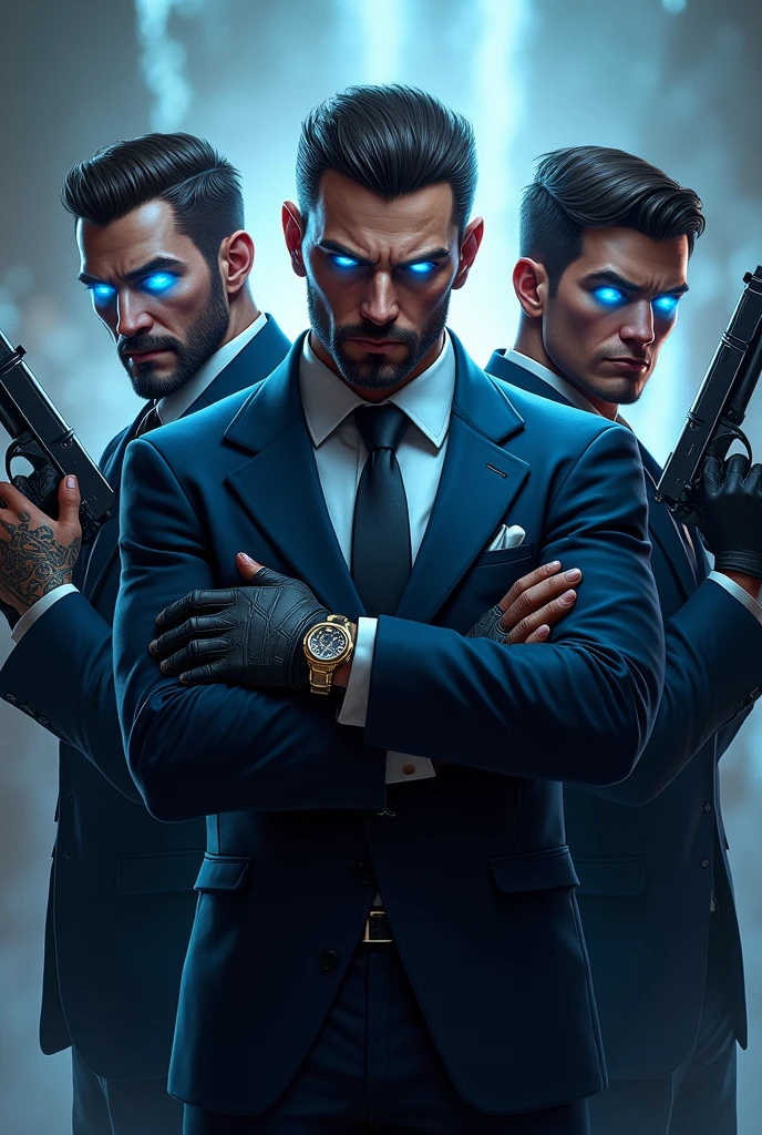 Logo the 3 gangsters (Online PVP Game theme) with blue eyes looking superpower holding guns