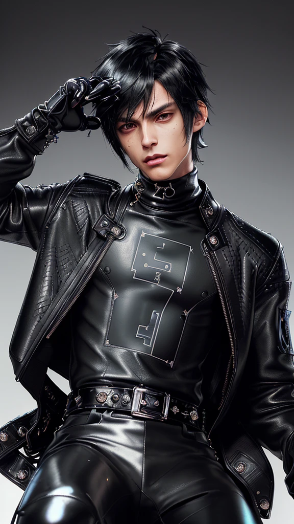 ((Final fantasy taste and reality graphics)), ((Japanese young cute and cool ikemen  boy)), his age is early 20s, thin eyebrows and beady eyes,  ((((he wearing black color and  shining brightly enamel leather thick single-brest  jacket)))), ((with epaulet)), ((enamel leather jacket close all zippers)),, ,(( jacket collar is high length stand-up collar with belts)), jacket is a little black line pattern,close the front of the jacket, (((also wearing black color turtleneck shining brightly enamel leather shirts))),  (((tight black and shining brightly enamel leather pants))), ((((shining brightly black enamel leather tight and thin glove)))), ((black color and shining brightly leather knee-high raceup boots)),head-to-toe, whole body, boy looks like fashion model,Do not show skin from the neck down,(((all his clothes are smooth design and very shining)))