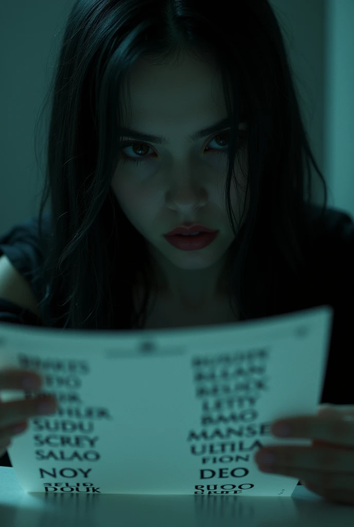 (best quality, masterpiece, ultra detailed, ultra high res, photorealistic, raw photo, absurdres, absolutely resolution), anime、woman is the main character、mysterious、Suspenseful Tone、Dark tones and shadows、A little creepy atmosphere、Surrealism、Dark fantasy、
The scene where the main character checks the list。The camera shows the names on the list.、Emphasize the protagonist's impatience。
