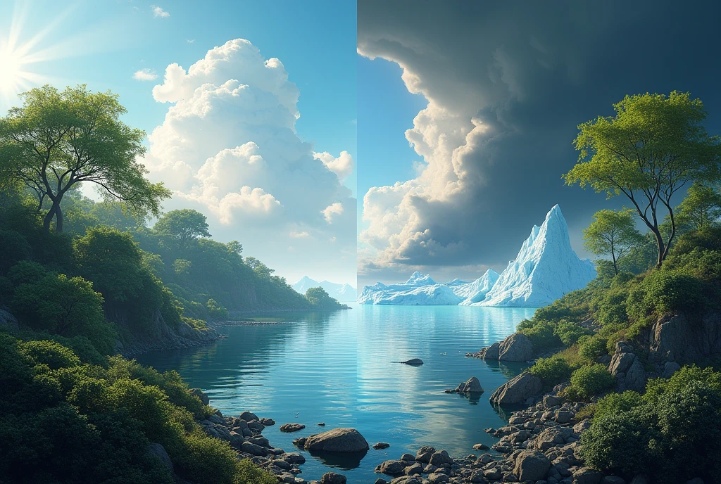 Two sections: one with a balanced climate and the other with visible effects of global warming, such as melting icebergs and severe weather events.
