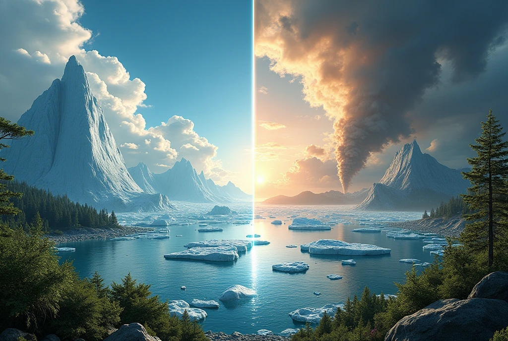 Two sections: one with a balanced climate and the other with visible effects of global warming, such as melting icebergs and severe weather events.