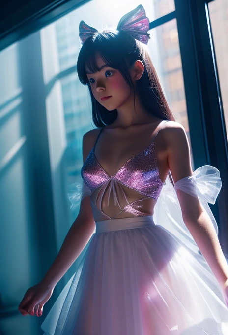 A magical girl appears from the light、Transformation effect、Thin, see-through clothing、Wide-angle shot, Sparkle Effect, Concept Art, reflected light, 